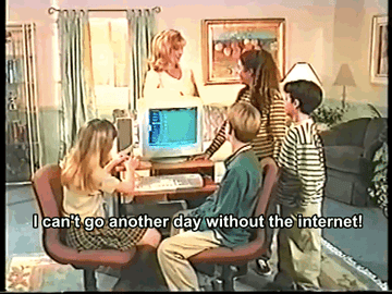 GIF of a family around a computer with teen girl saying &quot;I can&#x27;t go another day without the internet!&quot;