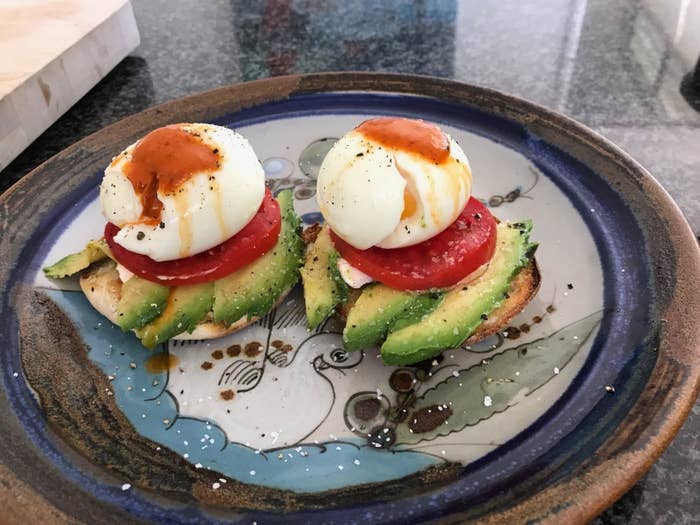 Reviewer photo of poached eggs on an English muffin