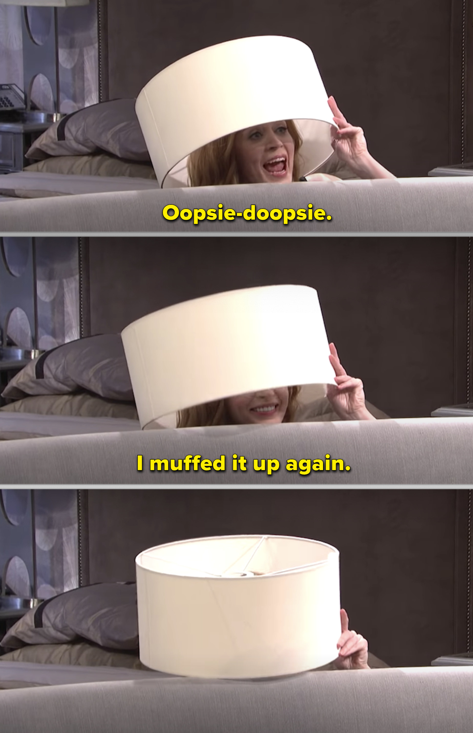 Woman with lampshade on head, showing different playful expressions, with humorous text about a mistake