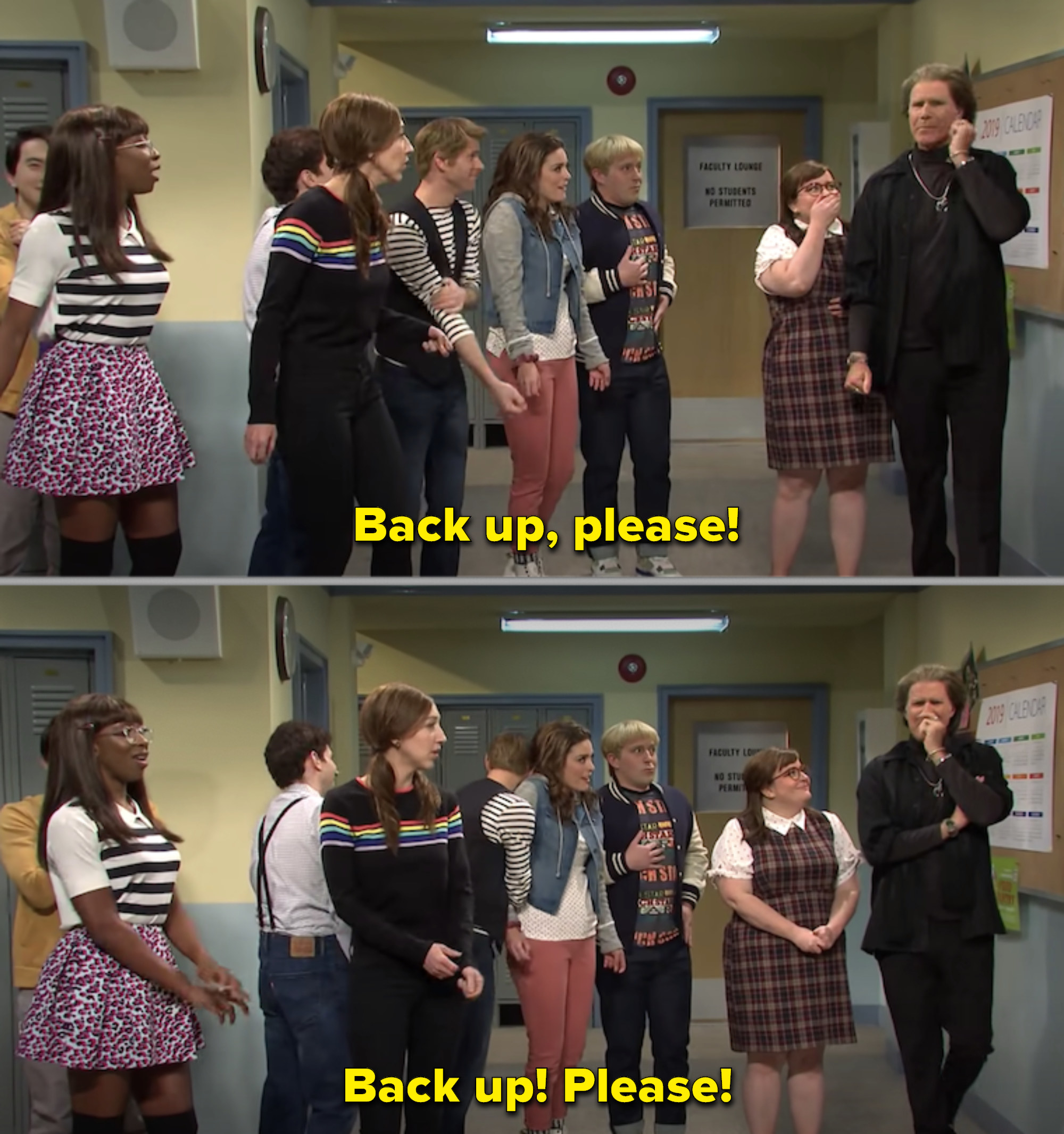 Group of people on a TV show set, a character gesturing for others to back up. Text: &quot;Back up, please!&quot; repeated