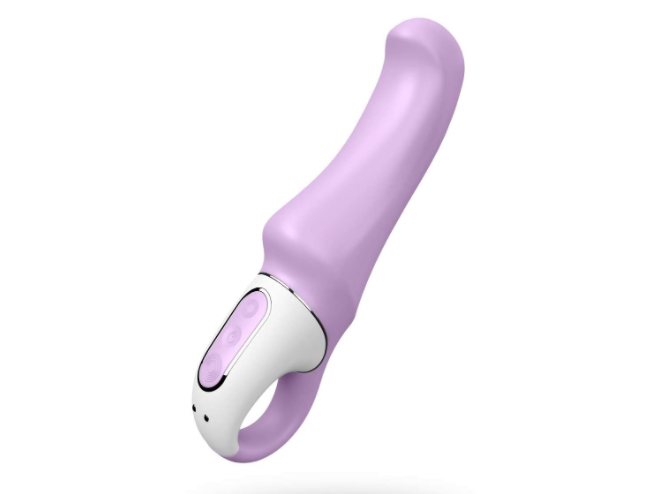 The vibrator with a curved tip and ring for finger