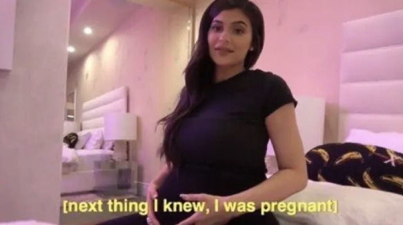 Kylie Jenner pregnant with a meme overlay of &quot;next thing I knew, I was pregnant&quot;