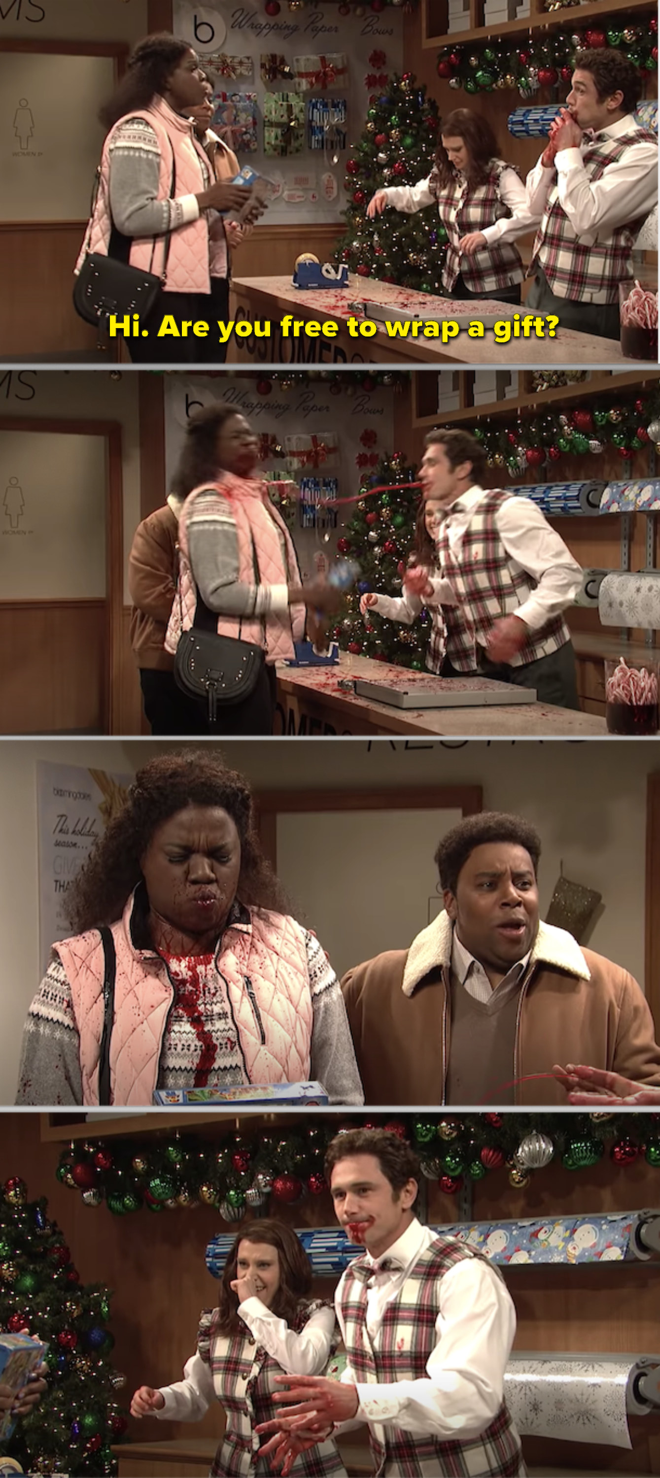 Three characters in a festive setting with dialogue from a TV show scene