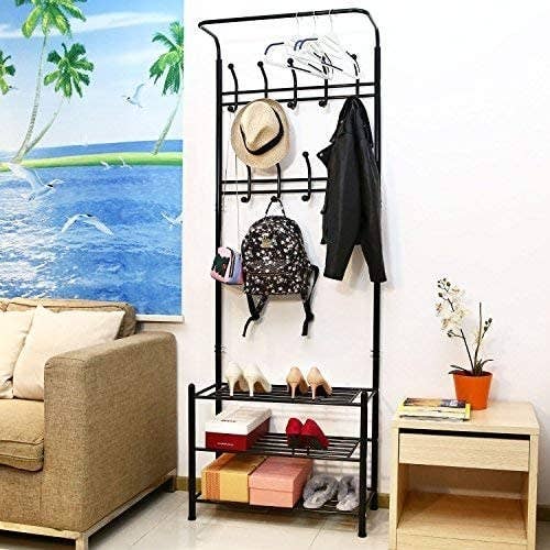 A shelf with a hat, a bag, and shoes on it