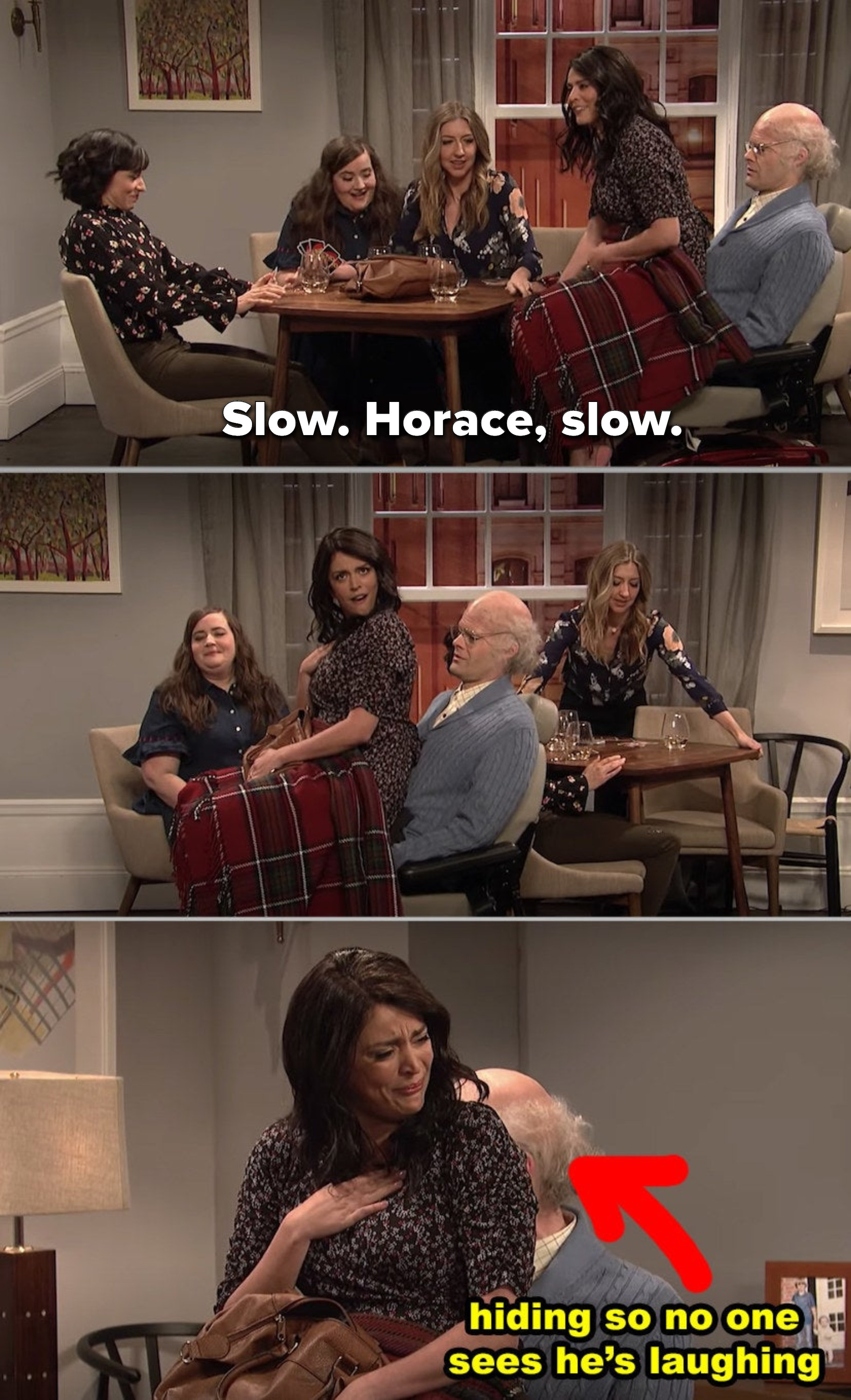 Multiple actors in a comedic sketch on a set resembling a living room with text bubbles indicating dialogue and humor