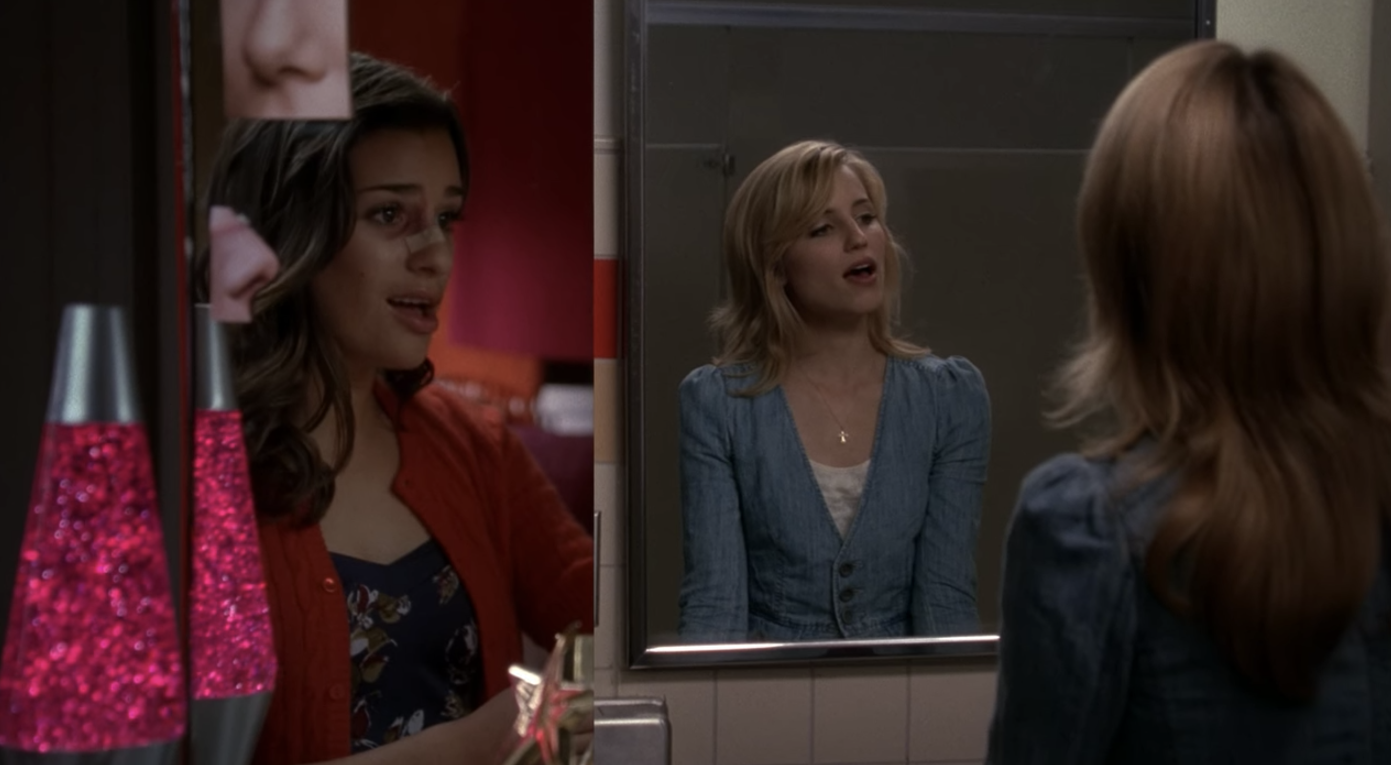 Rachel sings facing the mirror in her room while Quinn sings facing the mirror in the school bathroom
