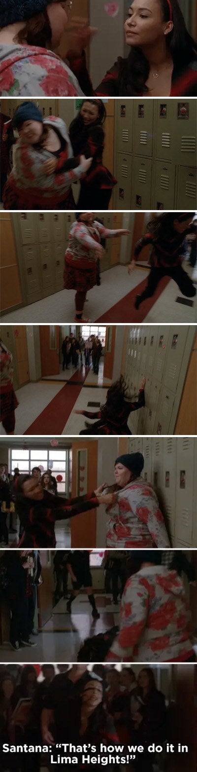 Lauren and Santana fight in the school hallway