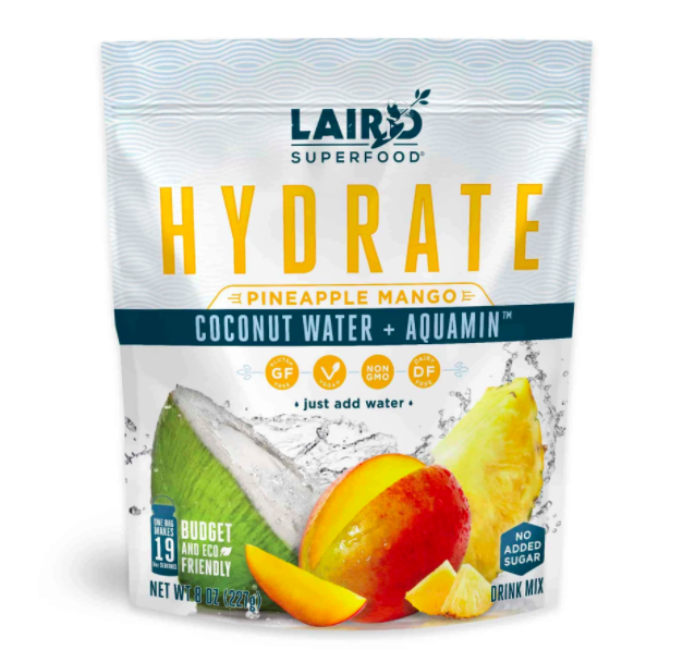 White pouch that says &quot;Laird Superfood Hydrate Pineapple Mango Coconut Water + Aquamin&quot;