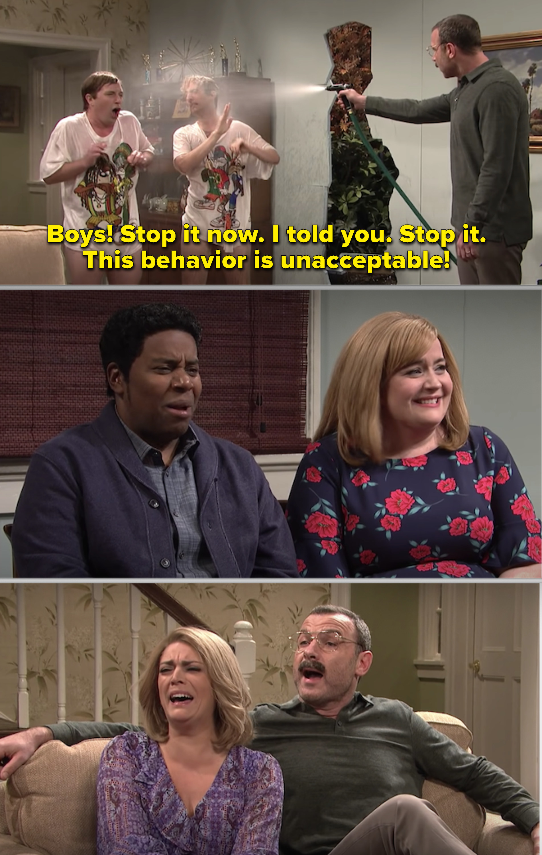 Three separate scenes from a skit with text: &quot;Boys! Stop it now. I told you. Stop it. This behavior is unacceptable!&quot;