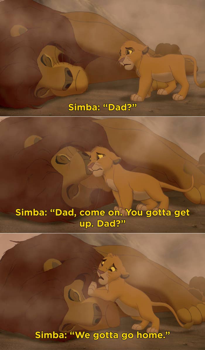 Simba nudging Mufasa&#x27;s body, saying &quot;Dad? We gotta go home&quot;