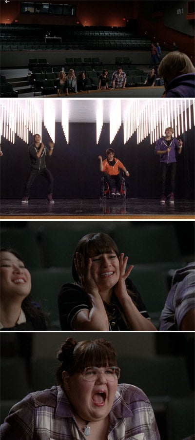 Artie, Sam, and Mike sing onstage while the glee girls watch enthusiastically