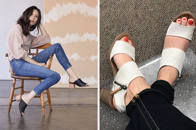to the left: a model wearing slip-on block heel shoes, to the right: someone wearing white chunk sandals with a side zipper