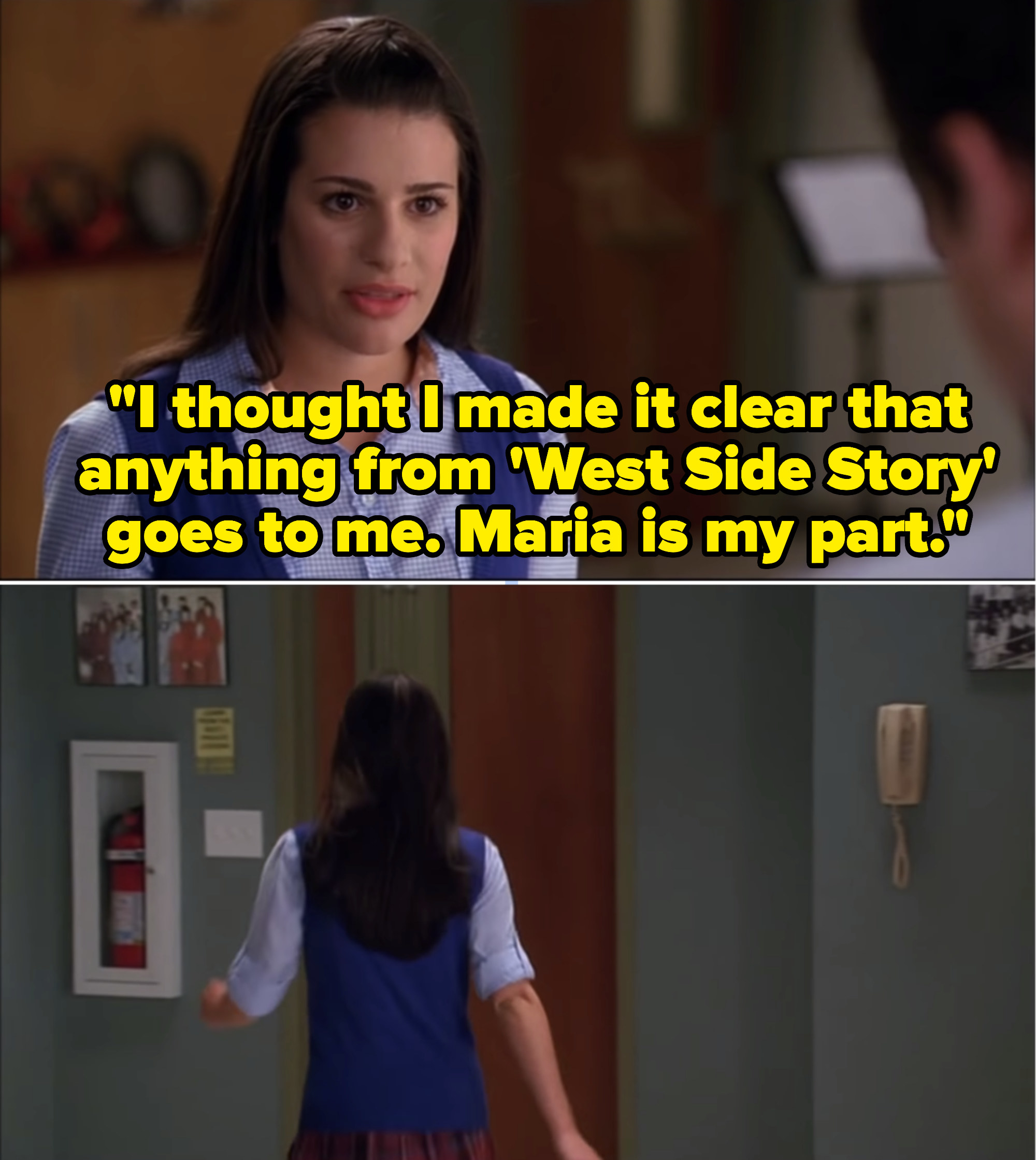 Rachel confronts Mr. Schuester, then storms out of the room.