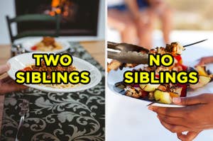 On the left, someone holds a bowl full of spaghetti with meat sauce and "two siblings" is typed on top, and on the right, metal tongs place kebabs on a plate someone is holding and "no siblings" is typed on top