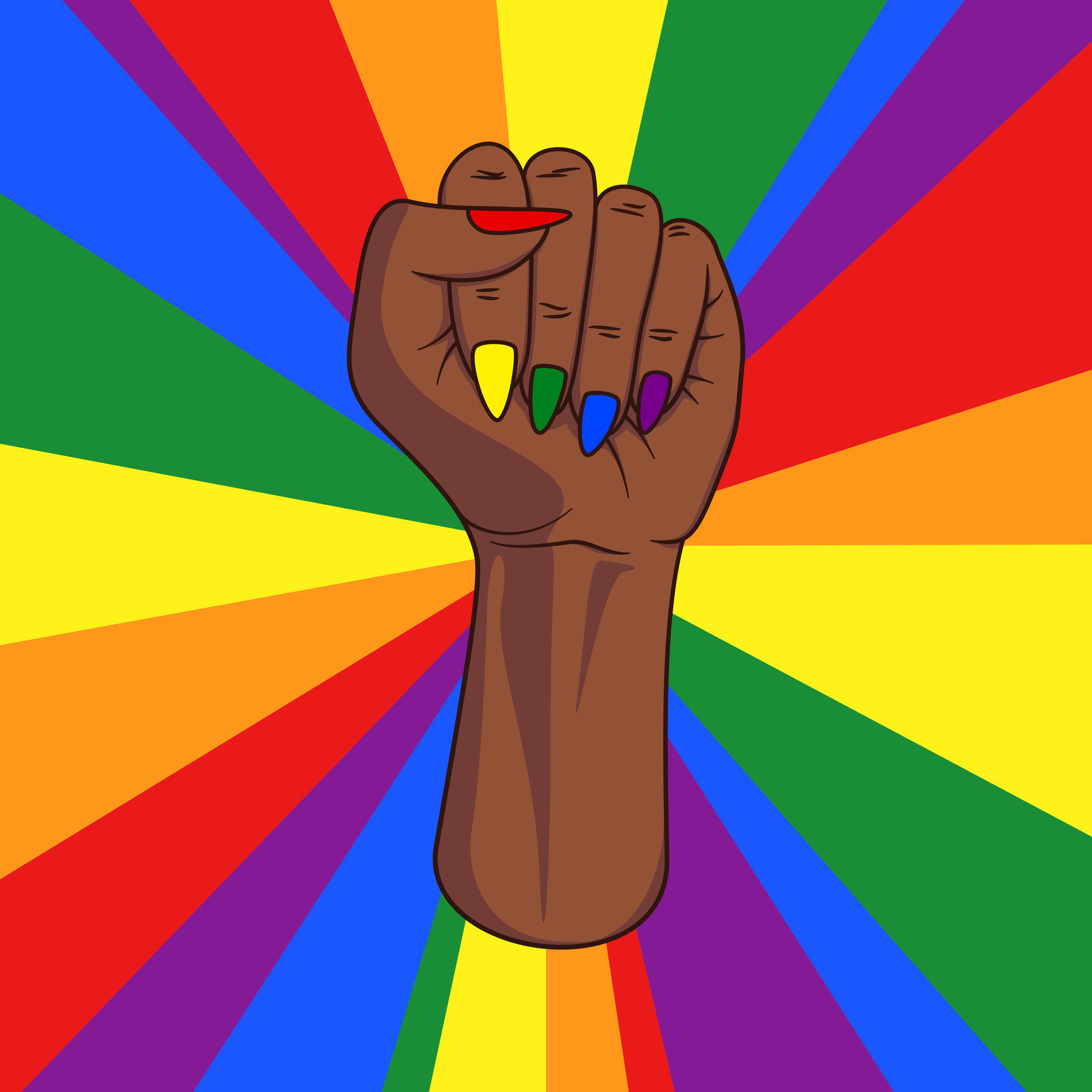 A Black hand adorned with rainbow-colored nails forms the Black power symbol over a rainbow background