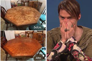 Side by side of before and after photo of table repaired with wood wax and photo of Stefon from SNL looking shocked
