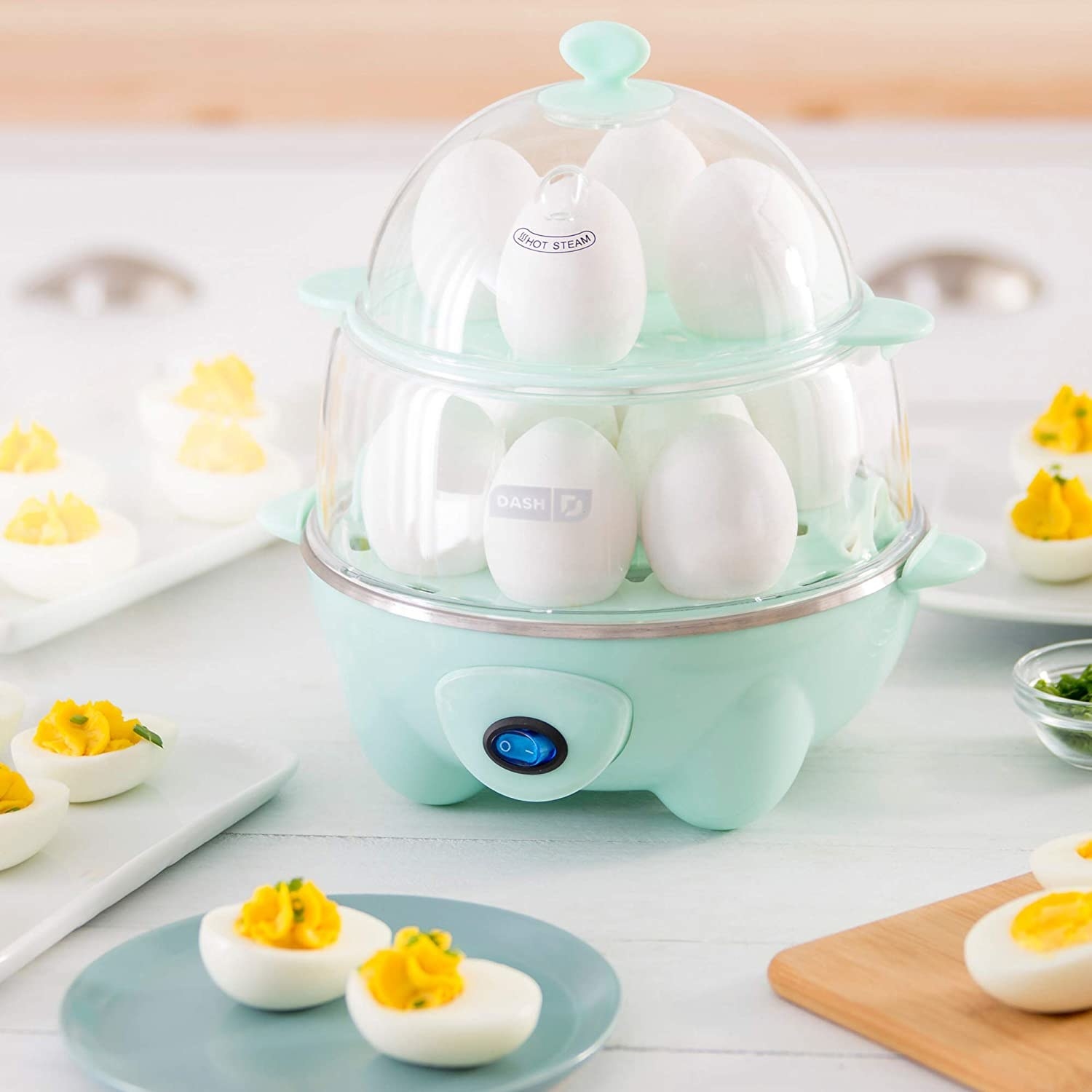 The egg cooker, which has two tiers and can hold12 hard-boiled eggs at one time