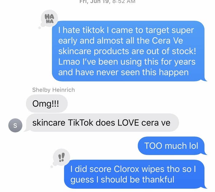 Text message screenshot explaining that Target is out of Cera Ve products.