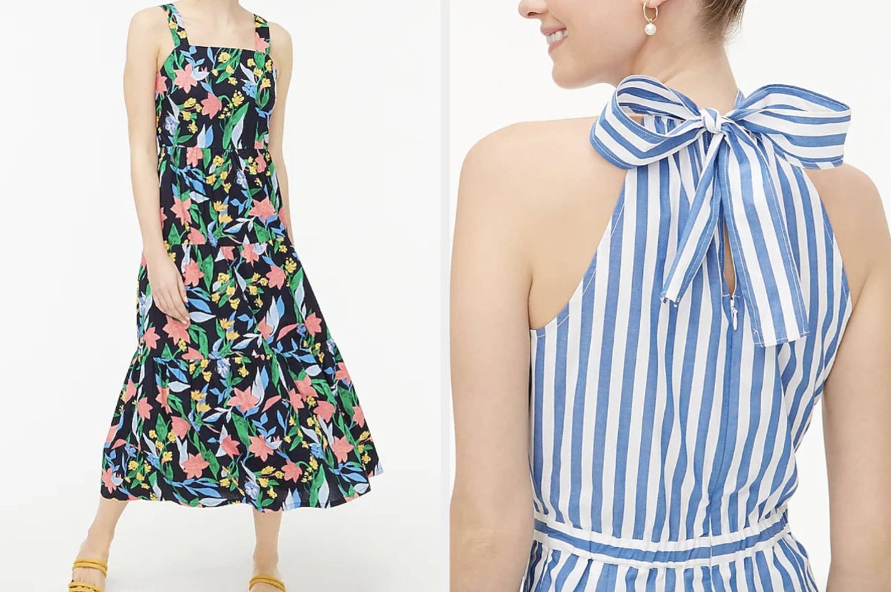 on the right, a floral dress, on the left, the tie back behind of a striped halter jumpsuit