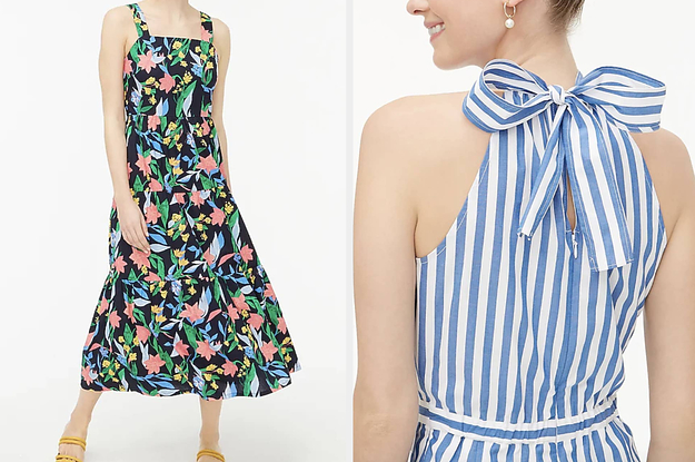 on the right, a floral dress, on the left, the tie back behind of a striped halter jumpsuit