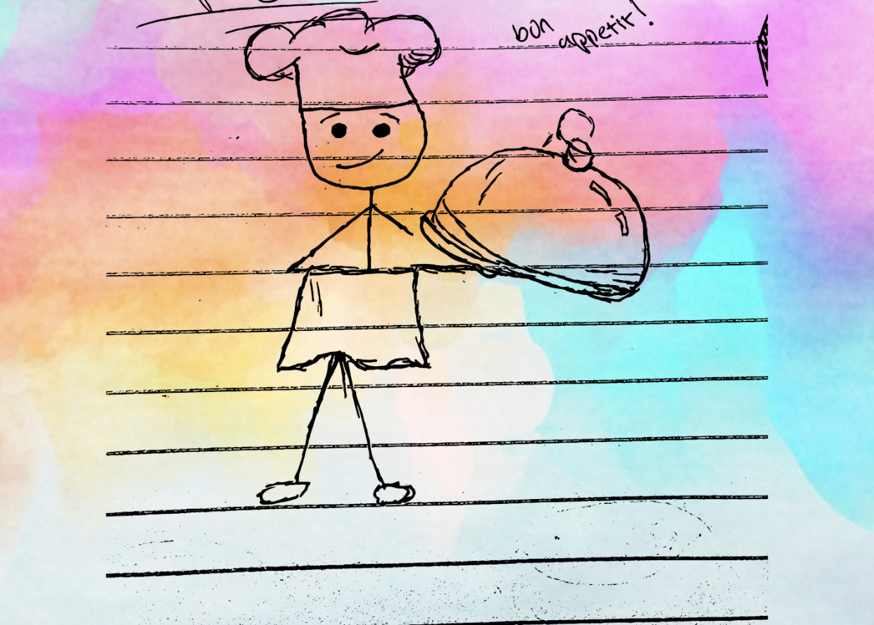 Drawing of a chef saying &quot;bon appetit!&quot;