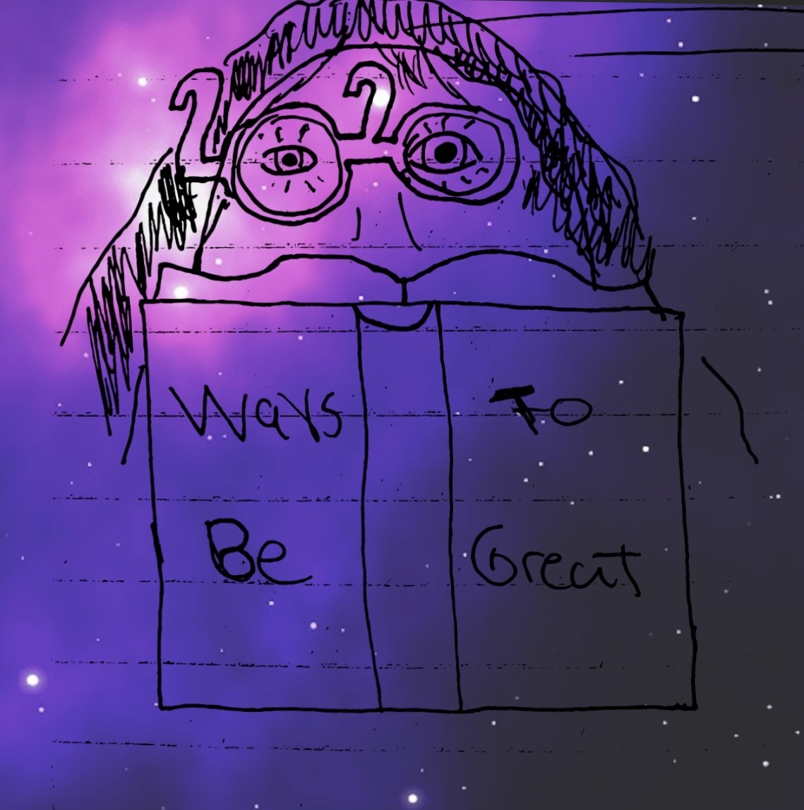 Drawing of a person reading a book called &quot;Ways To Be Great&quot;