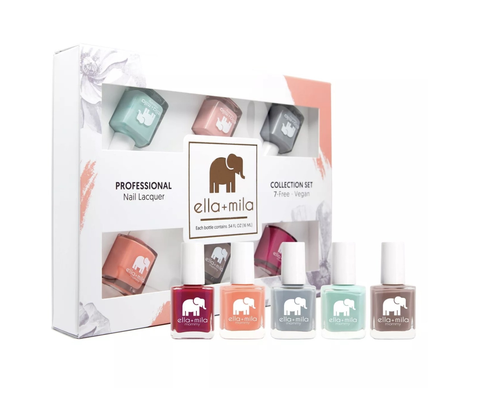 Nail polish packaging and six bottles of polish in red, orange, gray, aqua, and brown
