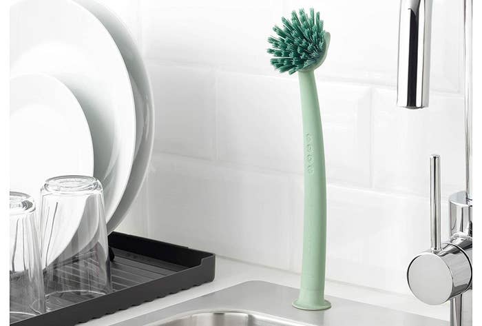 A green standing dishwashing brush placed near a sink.
