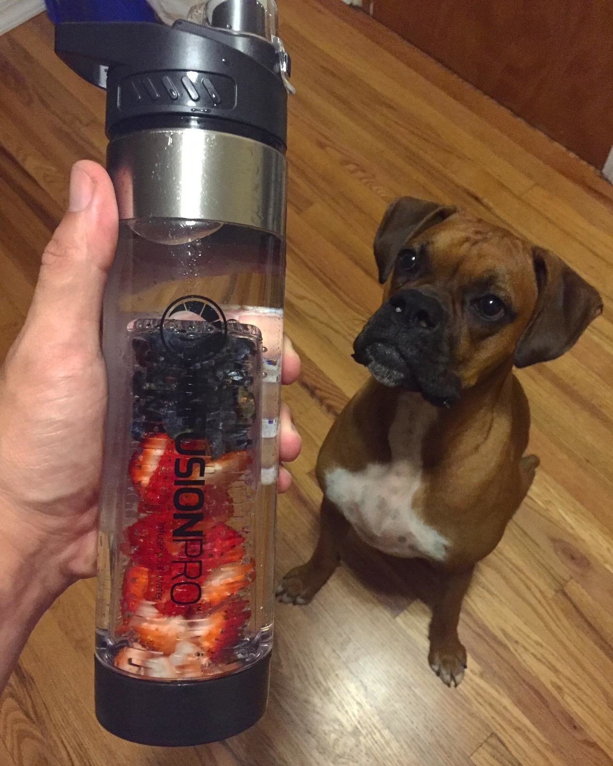 The water bottle with strawberries and blackberries in it