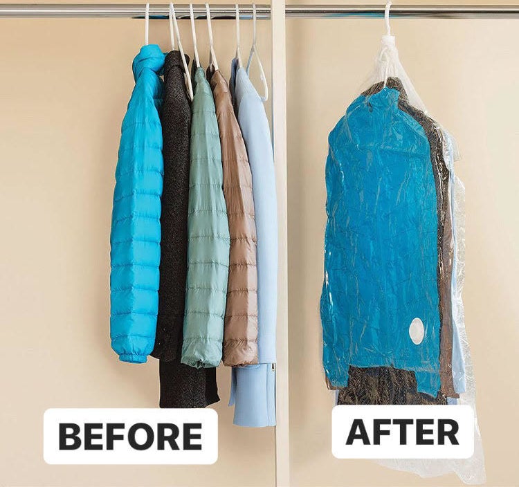 A before and after showing jackets in and out of the compression bag