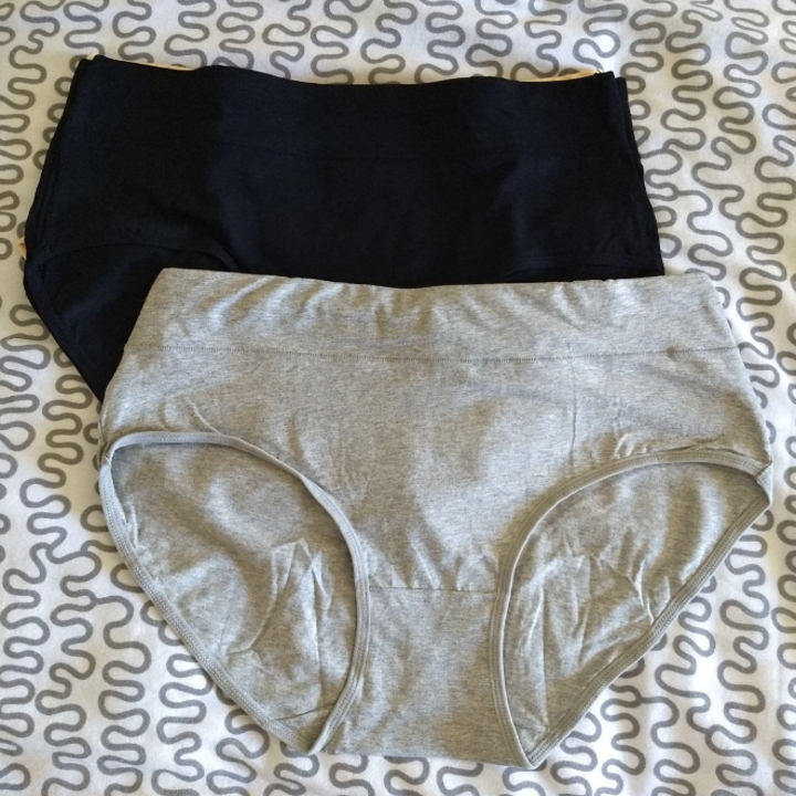 A review flatlay of the grey and black underwear
