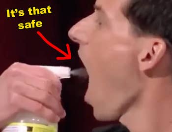 person on shark tank spraying the cleaner into their mouth, with arrow and 