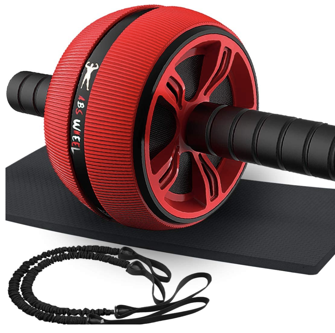 A red ab roller wheel with two black handles on either side and a black resistance band next to it