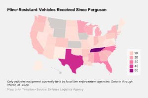 US map of transfers of mine-resistant vehicles since Ferguson