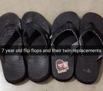 two pairs of black flip-flops side-by-side labeled 