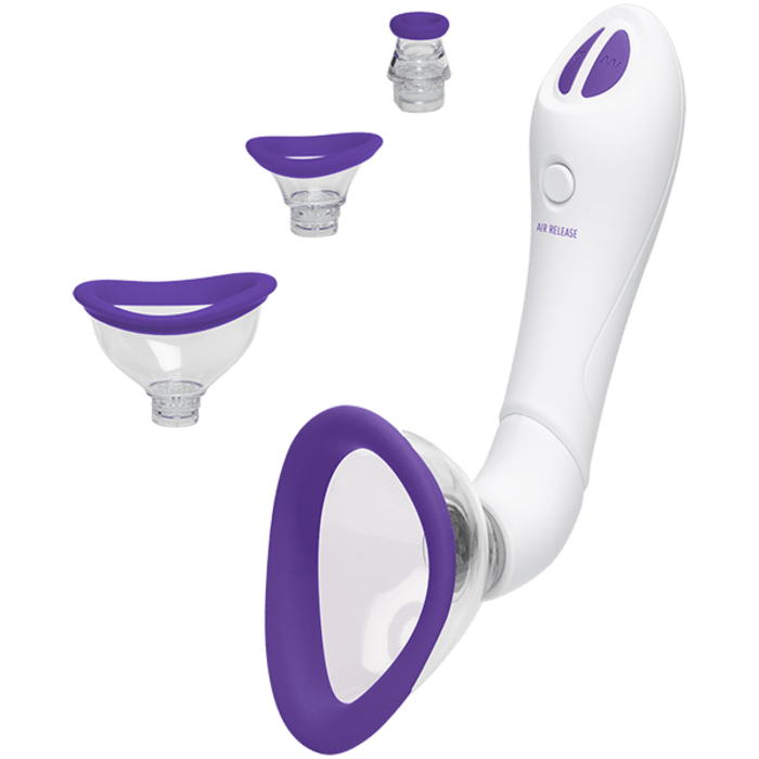 The toy, which has a thick, curved handle, and the various heads, which are clear cups trimmed with purple silicone