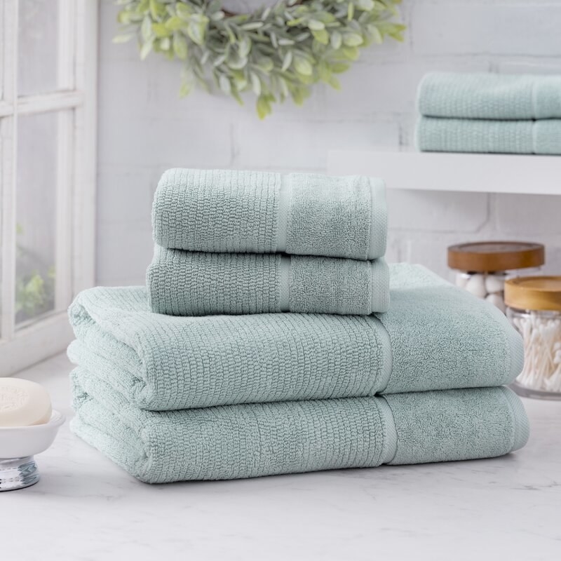 The towels in light teal