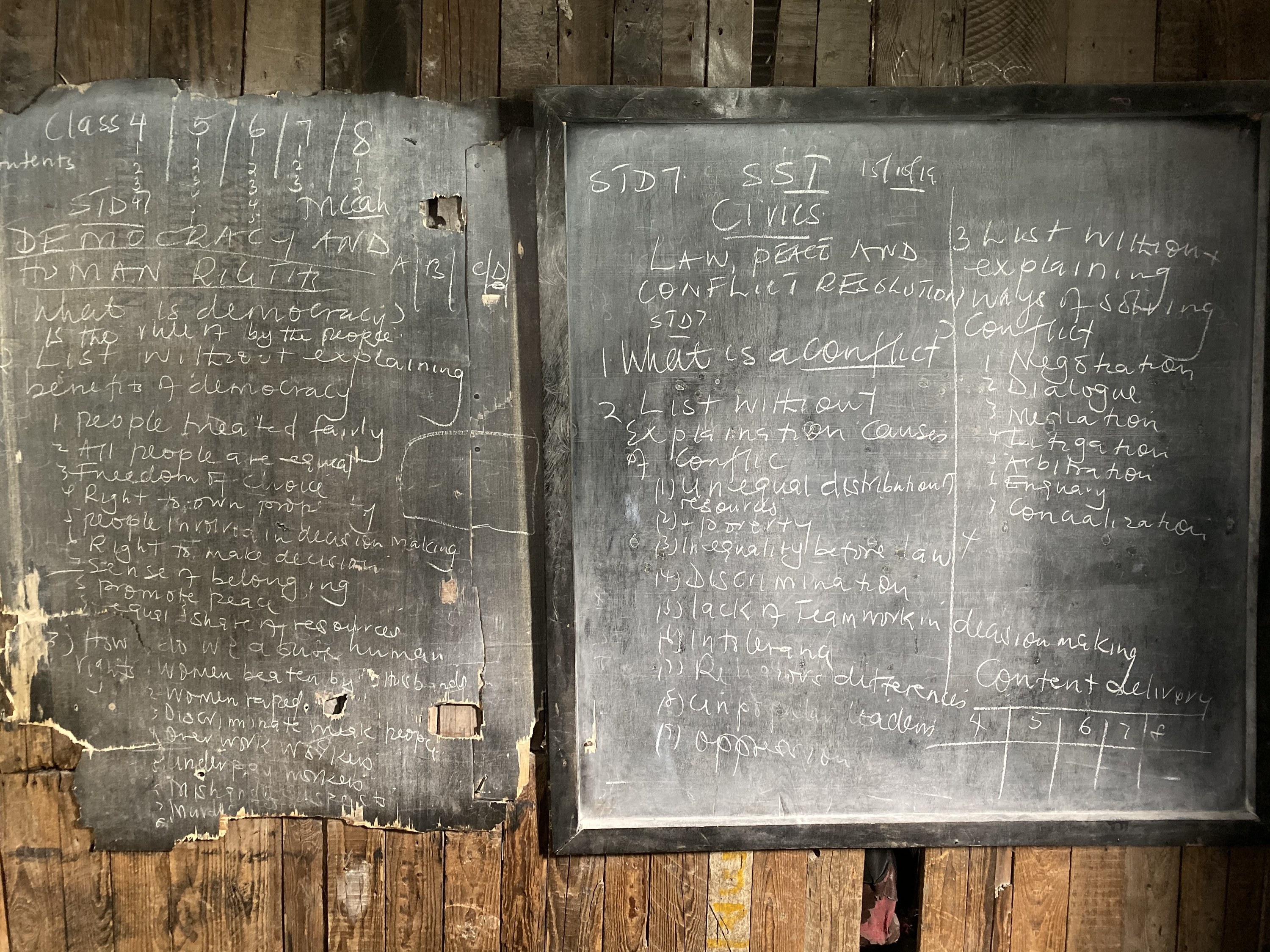 Shoddy blackboards with scrawled lessons about civics and human rights. 