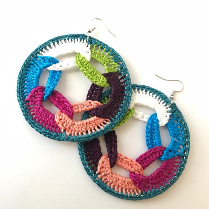 hoop earrings with colorful chain-like crochet design
