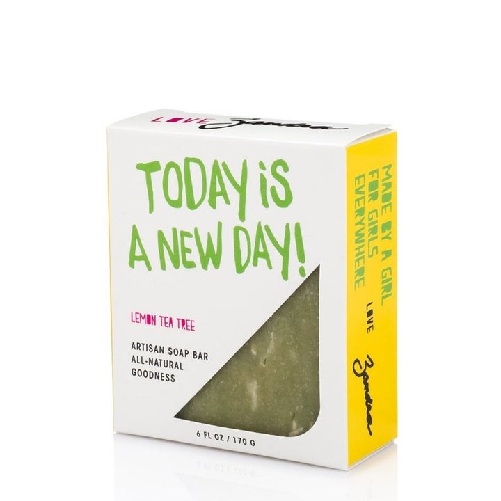 packaged green bar of soap that says "today is a new day"