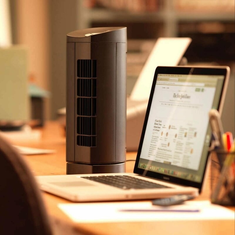 The grey cylindrical fan next to a laptop