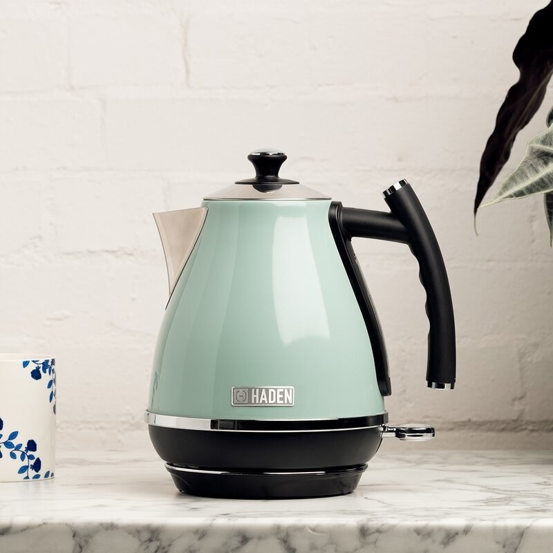 The stainless steel kettle featuring a black plastic handle