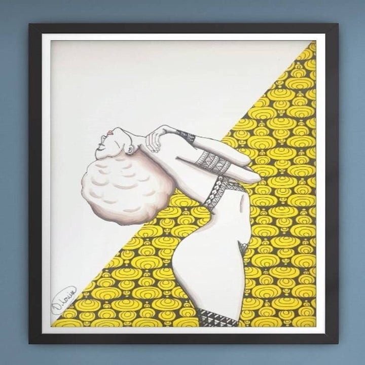 ink and marker drawing of nude black woman from side with natural hair and yellow geometric pattern behind her