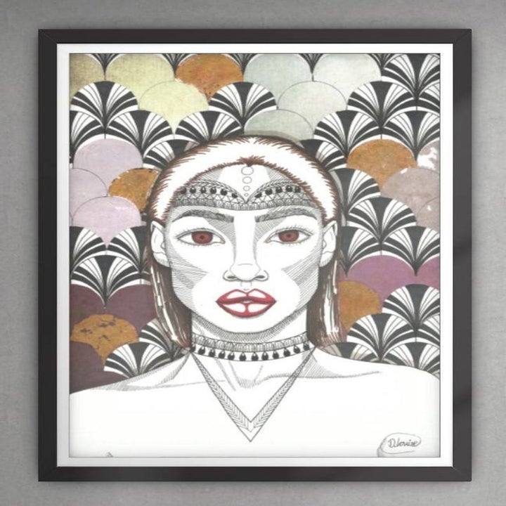 ink and marking drawing of black woman from shoulder up with African jewelry and a geomtric pattern behind her