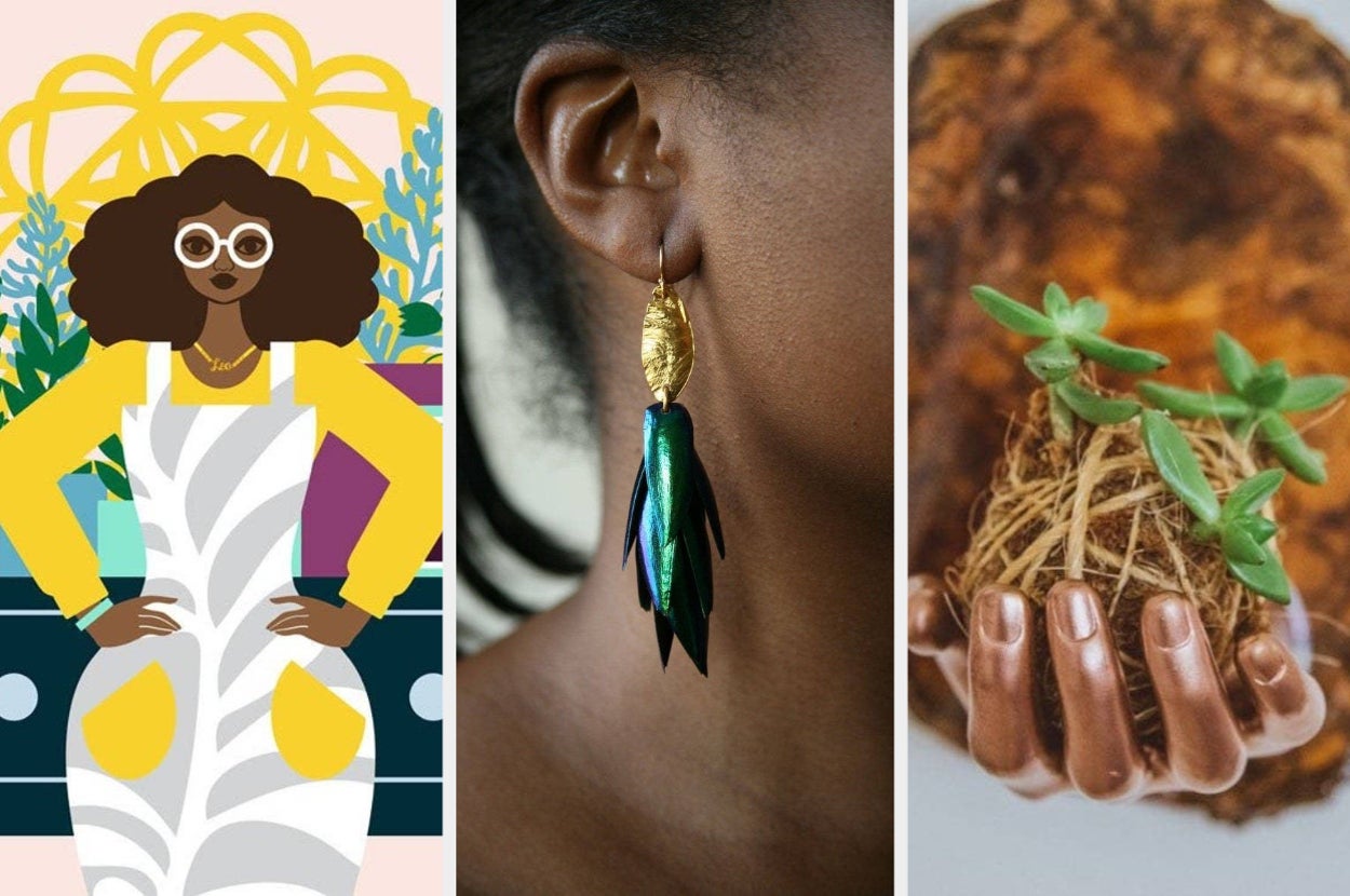 split thumbnail of wall art, feather-like earrings, planter that looks like a hand