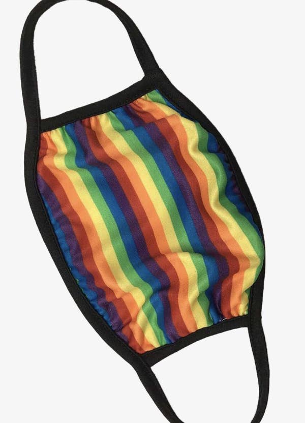 A rainbow-striped face mask
