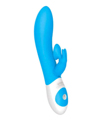 The toy in blue. The suction head is right on the rabbit part&#x27;s &quot;face,&quot; under the ear-like tips
