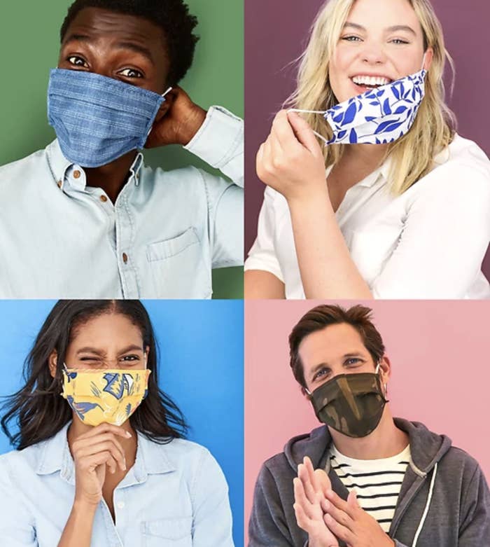 Four models in masks in a variety of prints 