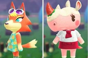 Two pictures placed side by side. One is of the Animal Crossing character Audie and one is of the Animal Crossing character Merengue.