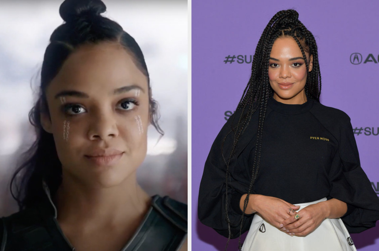 Side by side of Valkyrie from The Marvel Cinematic Universe and Tessa Thompson